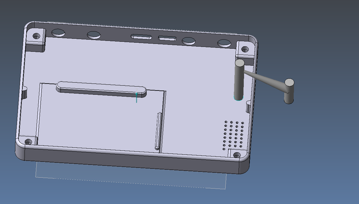 3D render showing the location of injection molding inlet for the PGB-1 case
